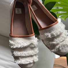 New Pair, Never Used Size 8.5 White Slip-on Flats For Vacation, White Round Toe Flats For The Beach, White Round Toe Flats For Beach, White Closed Toe Flats For Beach, Cream Round Toe Flats For Spring, White Almond Toe Flats For Spring, White Chic Espadrilles With Round Toe, Ankle Tie Espadrilles, Pink Espadrilles