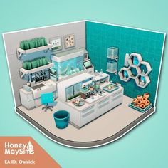 a cut out of a kitchen with blue walls