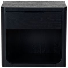 a black wooden cabinet with one door open