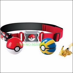 the pokemon goggles and poke ball belt are on display