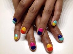 Short Color Block Nails, Split Color Nails, Colour Block Nails, Two Toned Nails Designs, Color Block Manicure, Primary Colors Nails, Colorblock Nails, Nail Polish Multiple Colors, Block Nail Colour