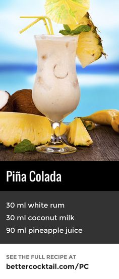 an advertisement for pina colada with pineapples and bananas on the table