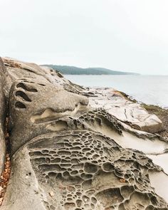 the rocks have holes in them and are covered with sand by the water's edge