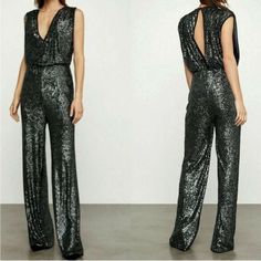 Nwt!! Nye Net Years Eve Jumpsuit. V-Neck, Sleeveless. Blouson Bodice, Elasticized Waist. Allover Sequins . Snap Closure At Extended Back Keyhole Wide-Leg Silhouette Length From Shoulder To Hem Approximately 63" Lined 93% Polyester/7% Spandex. Lining 95% Nylon / 5% Spandex Size:Xs Color: Gunmetal Retails: $348 Gray Fitted V-neck Jumpsuits And Rompers, Chic Sequined Pantsuit For Night Out, Wide Leg Jumpsuit, Snap Closure, Pant Jumpsuit, Bodice, Black And Grey, Wide Leg, Jumpsuit