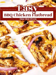 easy bbq chicken flatbread pizza with onions and cheese on top, cut into squares