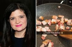 a woman cooking food in a frying pan and then the same photo is being cooked