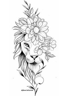 a drawing of a lion with flowers on its head and leaves around it's neck