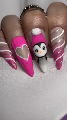 Hot Pink Holiday Penguins by @christinas_custom_claws using Light Elegance Gel Nail Products | Nail Art using LE ButterCreams | HEMA Free Gel Nails Pink Penguin Nails, Penguin Nails Acrylic, Penguin Nail Art Winter, Penguin Manicure