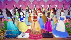 the princesses are standing in front of their dresses