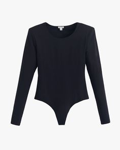 Long-sleeve bodysuit with a scoop neckline. Minimal Stretch Bodysuit For Night Out, Night Out Bodysuit With Minimal Stretch, Compressive Long Sleeve Elastane Bodysuit, Sleek Compressive Bodysuit, Versatile Stretch Bodysuit, Chic Compressive Bodysuit, Versatile Solid Stretch Bodysuit, Versatile Stretch Solid Color Bodysuit, Elastane Bodysuit For Workwear In Spring