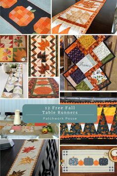 many different quilts and table runners with text overlay that says 13 free fall table runner patterns