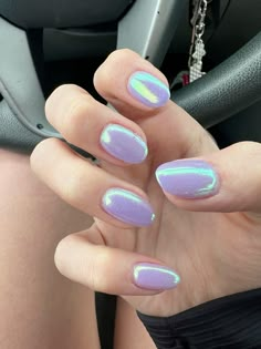 Purple Nails With Chrome Powder, Lavender Unicorn Chrome Nails, Sparkly Purple Nails Lavender, Crome Purple Nail, Lavender Holographic Nails, Dip Powder Nails With Chrome, Purple Holographic Nails Designs, Lavender Chrome Nails Short, Purple Chrome Gel Nails