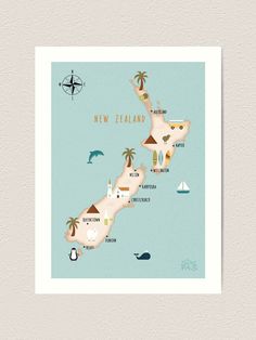 Illustrated map in New Zealand Art Print New Zealand Map, Map Of New Zealand, Holiday Embroidery, New Zealand Art, Real Estates Design, Auckland New Zealand, Queenstown