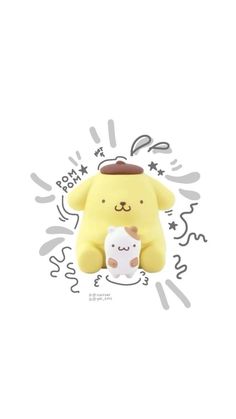 a yellow bear with a white sheep in it's lap on a white background