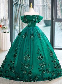 Green Tulle 3D Flower Off the Shoulder Quinceanera Dress Off The Shoulder Quinceanera Dress, Quinceanera Dresses Green, Robes Quinceanera, Dress Etiquette, Green Quinceanera, Green Quinceanera Dresses, Princess Bridal Gown, Beaded Party Dress, Green Tulle