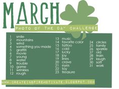 the march photo of the day challenge is shown in green and has four leaf clovers