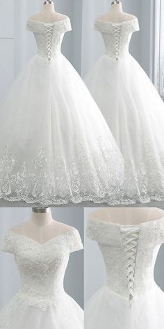 a white wedding dress with lace on the skirt and off - the - shoulder neckline