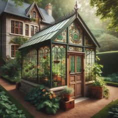 a painting of a green house in the middle of a garden with potted plants