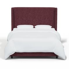 a bed with white sheets and red headboard on it's side, in front of a white background