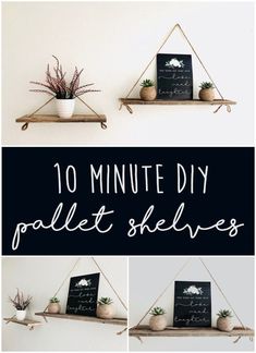 the diy pallet shelves are made from wood and have chalkboard signs on them