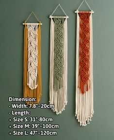 three macrame wall hangings with different colors and sizes