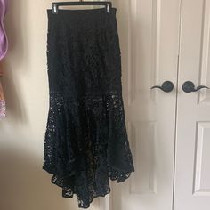 New With Tags Black Lace High Low Skirt In Medium Spring Black Lace Maxi Skirt, Black Lace Maxi Skirt For Spring, Black Lace Skirted Bottoms, Black Lace Skirt For Night Out, Black Lace Maxi Skirt For Party, Black Lace Long Skirt, Beaded Skirt, High Low Skirt, Burgundy Lace