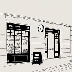 a black and white drawing of an outside coffee shop with signs on the front windows