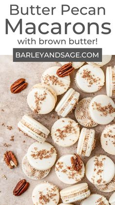 butter pecan macarons with brown butter and pecans on the side, surrounded by nuts