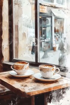 two cups of coffee sitting on top of a wooden table next to a large window