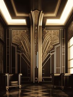 an art deco style hallway with black and gold decor