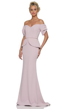 Attractive V-neckline Floor-length Dress by Rina Di Montella Be the belle of every event in this luxurious Rina Di Montella RD2965 dress. With an exquisiteV-neckline, off-shoulder puff sleeves and a dramatic flowing skirt you are sure to make an entrance. Step into this showstopper at your next formal affair or gala and be filled with confidence knowing that no one else is wearing anything quite like it. Peplum Evening Dress, Peplum Designs, Designer Formal Dresses, Prom Dress Plus Size, Long Formal Dress, Plus Size Cocktail Dresses, Tulip Sleeve, Plus Size Party Dresses, Dusty Rose Dress