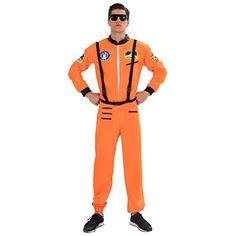 a man in an orange space suit standing with his hands on his hips and wearing sunglasses