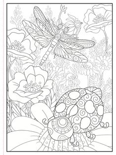 a coloring page with flowers and dragonflies