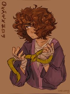 a drawing of a woman with curly hair holding a snake in one hand and wearing a purple shirt on the other