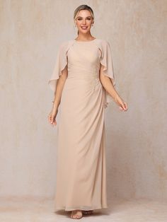 Champagne Fitted Beige Chiffon Dress, Beige Chiffon Floor-length Dress, Flowy Chiffon Floor-length Mother Of The Bride Dress, Flowy Chiffon Mother Of The Bride Dress, Dress With Cape, White Wisteria, Cape Dress, Mother Of The Bride Dress, Applique Dress