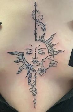 a woman's stomach with a sun and moon tattoo on her side ribcage