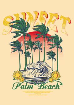 Palm Beach Miami poster Scenic Illustration, Palm Beach Poster, Miami Poster Vintage, Tropical Graphic Print T-shirt For Beach, Miami Beach Poster, Miami Poster, Retro Palm Tree, Miami Posters, Bachelorette Merch