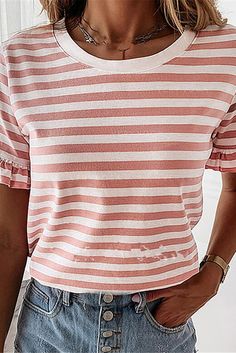 Pink Casual Striped Ruffle Sleeve Short Sleeve T-shirt Cotton Short Sleeve Top With Ruffle Sleeves, Ruffled Cotton Short Sleeve Top, White Ruffled Crew Neck T-shirt, Ruffle Sleeve Cotton Top With Ruffles, Summer Ruffled Short Sleeve Tops, Summer Short-sleeve Top With Ruffle Hem, Summer Short Sleeve Top With Ruffle Hem, White Ruffled Short Sleeve T-shirt, Summer Crew Neck Blouse With Ruffle Hem