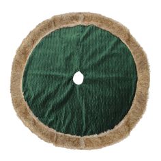 a green and brown pet bed with fur on it's sides, in front of a white background