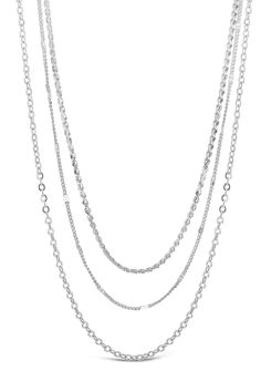 Three delicate strands make this layered necklace versatile and chic!. Rhodium plated brass chain necklace. Lobster clasp closure. Approx. 15-17" with 2" extender. Imported Three Layer Chain, Layer Chain Necklace, Brass Chain Necklace, Layer Chain, Layered Chain Necklace, Layered Chain, Forever Jewelry, Layered Chains, Three Layer