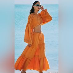 Nwt!! Cute Tangerine Resort Wear Orange Maxi Skirt For Spring Beach, Orange Maxi Skirt For Spring Beach Outing, Orange Maxi Skirt For Spring Beach Occasion, Orange Relaxed Maxi Skirt For Beach, Orange Tiered Maxi Skirt For Vacation, Chic Orange Maxi Skirt For Vacation, Holiday Skirts, Resort Wear, Color Orange