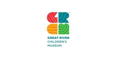 the great river children's museum logo is shown in red, yellow and green