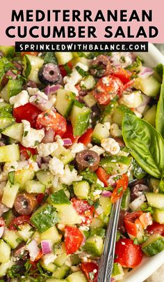 this mediterranean cucumber salad is loaded with fresh vegetables, feta cheese and olives