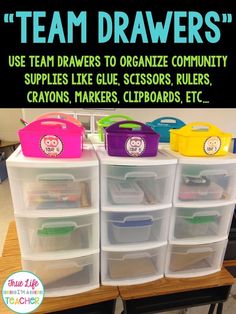 several plastic bins are stacked on top of each other in front of a sign that says team drawers