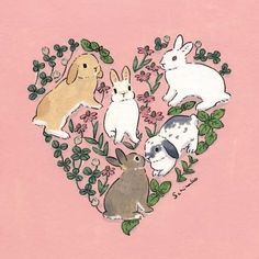 an image of rabbits in the shape of a heart on a pink background with leaves and flowers