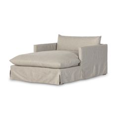 the chaise lounge chair is shown in light gray linen