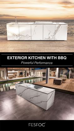 an advertisement for a kitchen with marble counter tops and cabinets in the background, along with text that reads, exterior kitchen with bbq powerful performance