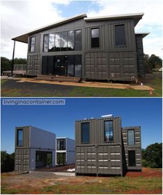 two pictures side by side of a house made out of shipping containers and one with windows