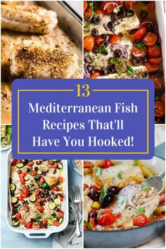 Collage of 4 mediterranean fish recipes. Grilled Mediterranean Fish Recipes, Mediterranean Snapper Recipes, Mediterranean Sauce For Fish, Mediterranean Tilapia Recipes, Mediterranean Fish Recipes, Seafood Menu Ideas, Mediterranean Seafood, Mediterranean Sauce