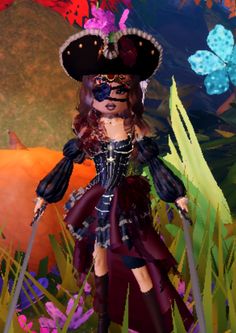 a digital painting of a woman wearing a pirate hat and dress with flowers in the background